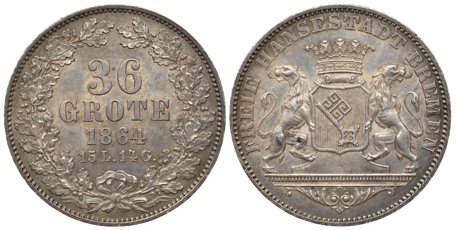 Бремен 36 гротенов 1864 (15L. 14G.) КМ 243, Jaeger 25, AKS 2, Kahnt 160 серебро 00-000-00