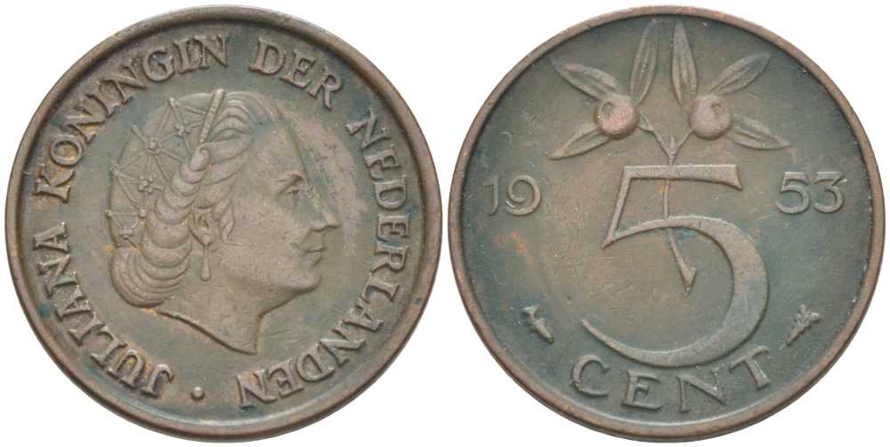 Нидерланды 5 центов 1953 Юлиана (1948-1980) KM 181 бронза 213-1015