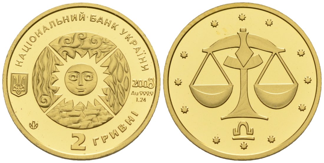 Украина 2 гривны 2008 весы, сертификат, вес 1,24 гр. KM 486 золото PROOF 00-00