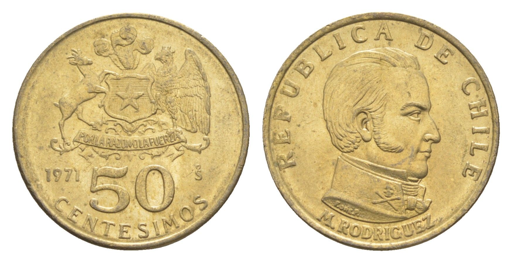 Чили 50 сентесимо 1971 год-тип KM 196 алюминиевая бронза UNC 4651-529
