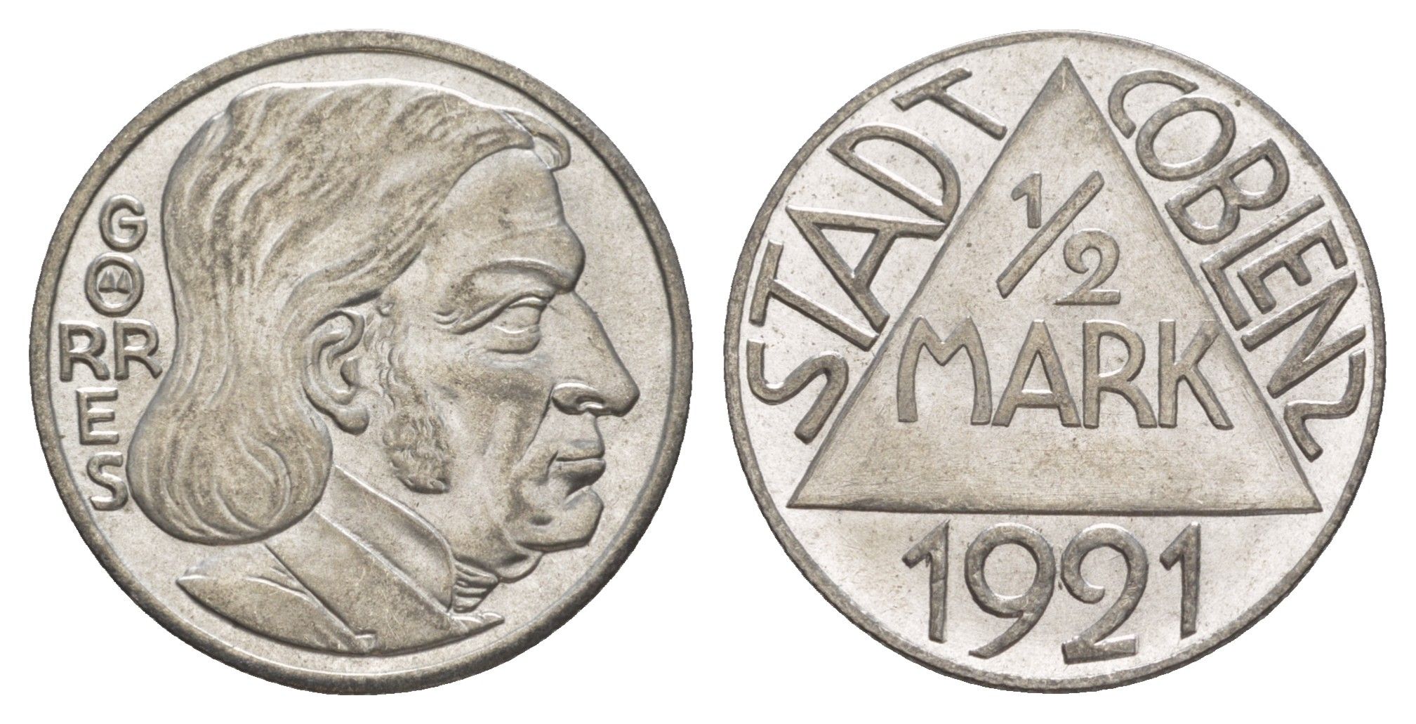 Кобленц 1/2 марки 1921 Funck 80.9A, Men05 4526.18, Men18 5727.18/20 сталь UNC 4637-1135