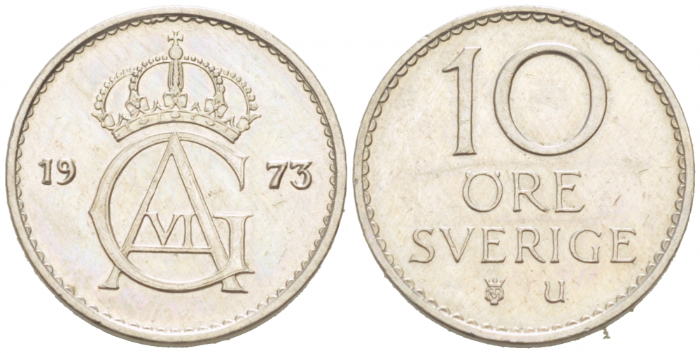 Швеция 10 эре 1973 U, Густав VI Адольф (1950-1973) КМ 835 медно-никель 3955-333