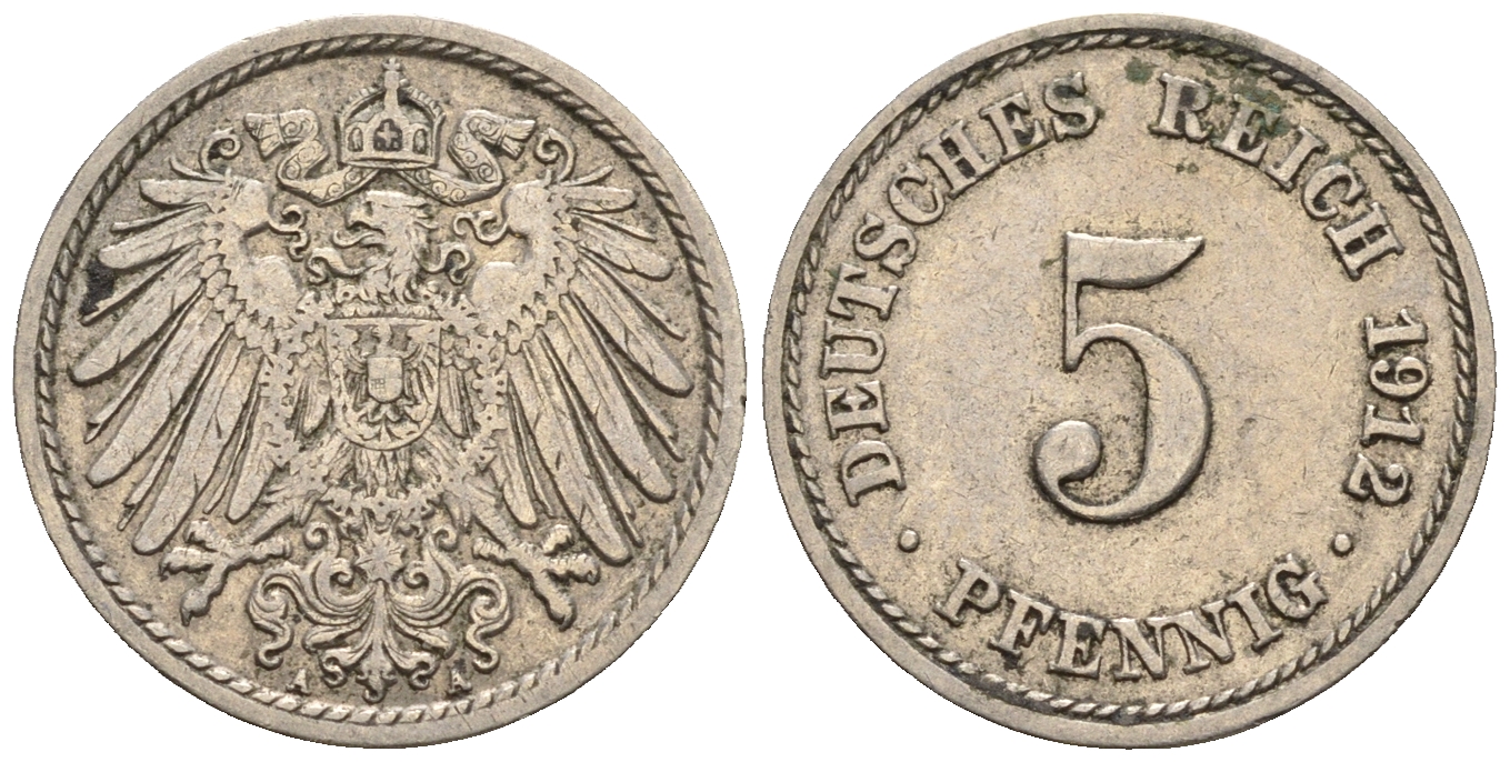 Германия 5 пфеннигов 1912 A, KM 11, J. 12 медно-никель 220-632