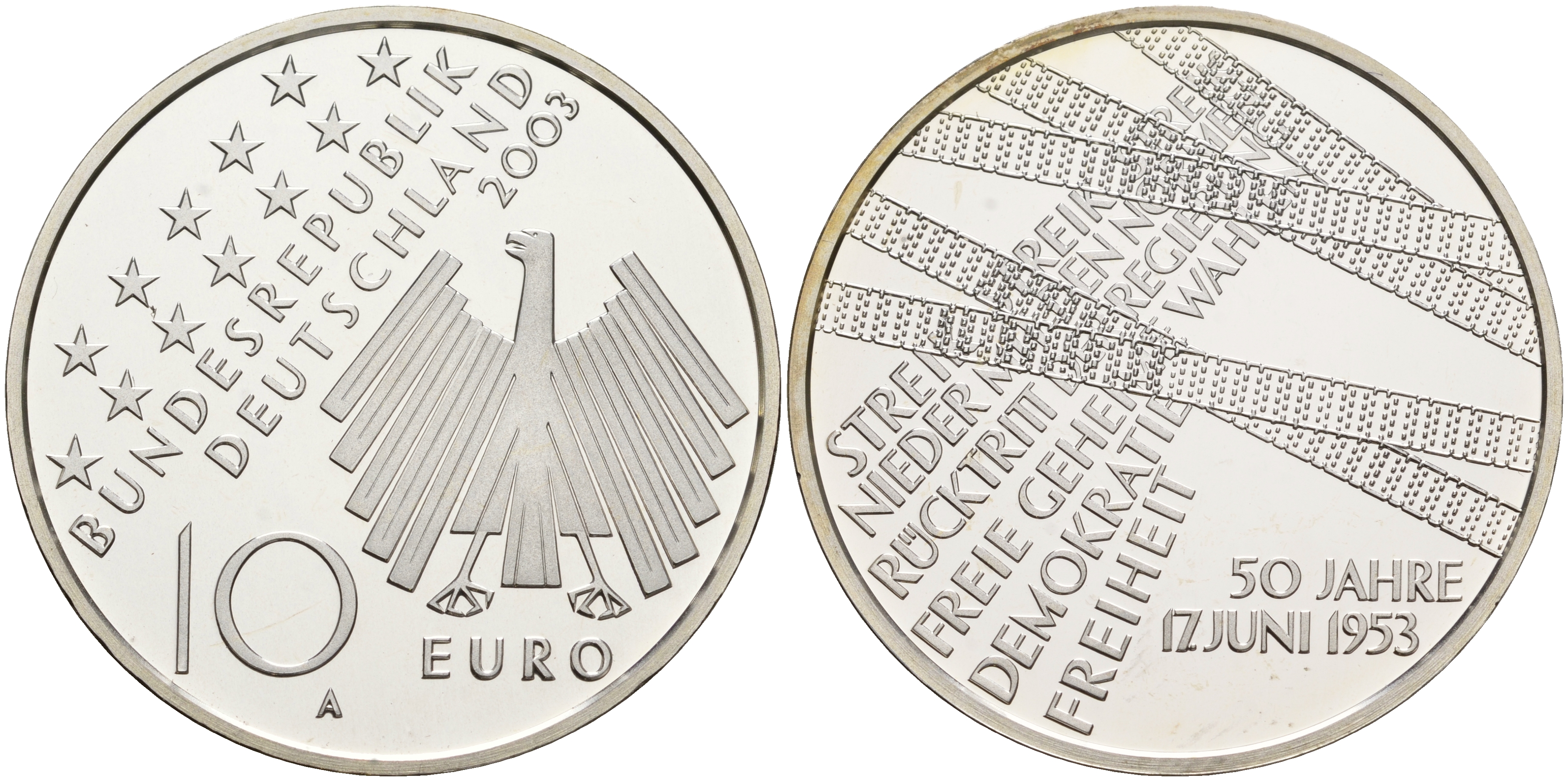 ФРГ 10 евро 2003 А, 50-я годовщина народного восстания 1953 года в ГДР KM 226, DE.S. 10.9 серебро PROOF 1076-3-35