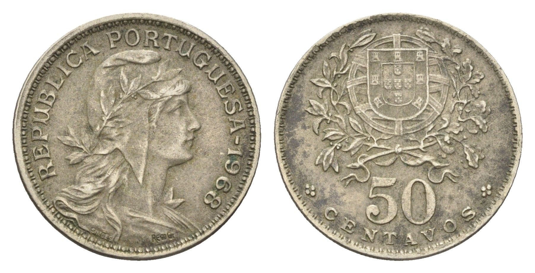 Португалия 50 сентаво 1968 голова Свободы вправо KM 577 никель латунь 4659-649