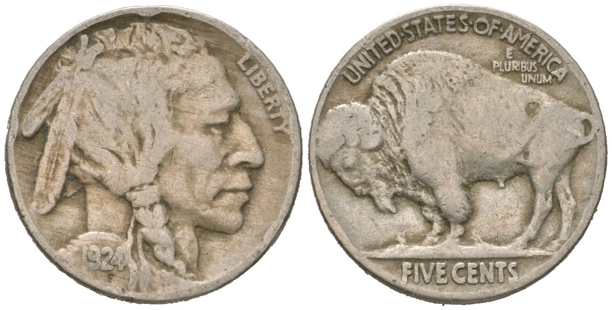 США 5 центов 1924 индеец, бизон KM 134 медно-никель 4614-1058