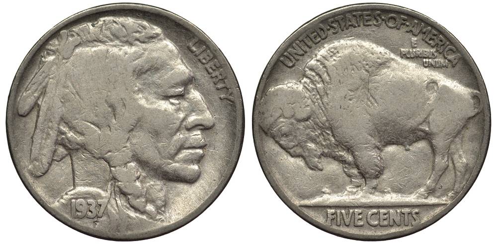 США 5 ЦЕНТОВ 1937 ИНДЕЕЦ, БИЗОН KM 134 медно-никель 27-711