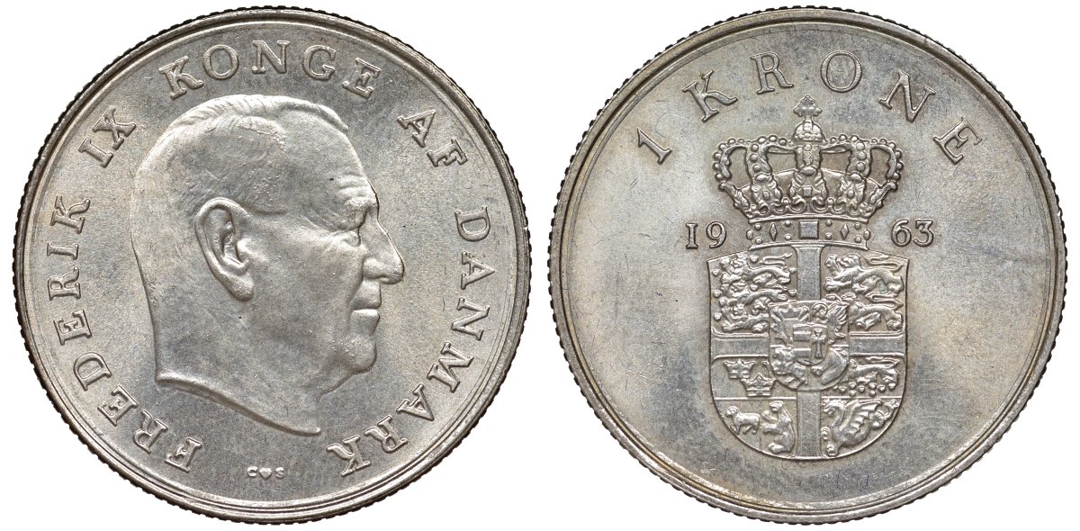 Дания 1 крона 1963 Фредерик IX (1947-1972) KM 851 медно-никель 4165-723