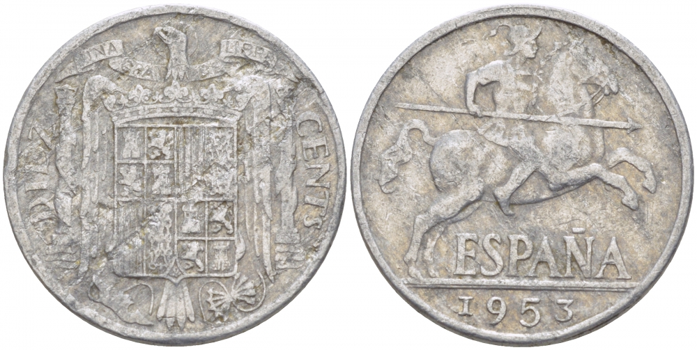 ИСПАНИЯ 10 СЕНТИМО 1953 РЫЦАРЬ НА КОНЕ KM 766 алюминий 85-811