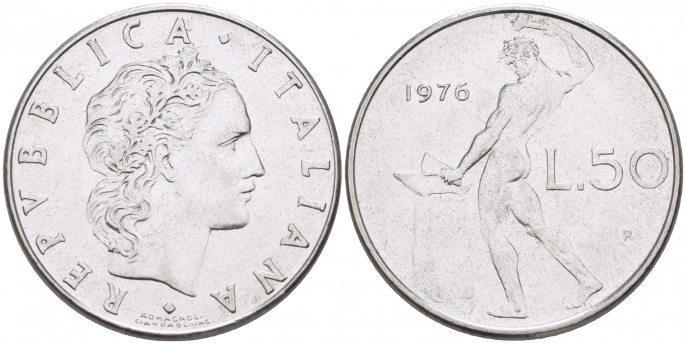ИТАЛИЯ 50 ЛИР 1976 R КУЗНЕЦ KM 95.1 сталь 77-854