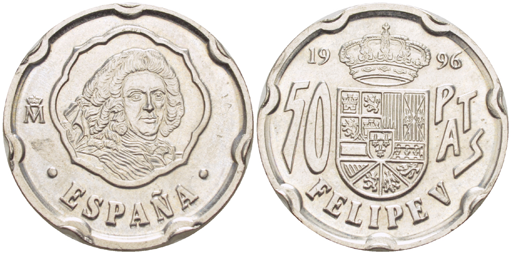 ИСПАНИЯ 50 ПЕСЕТ 1996 ПОРТРЕТ КОРОЛЯ ФИЛИППА V, ХУАН КАРЛОС I ( 1975-) KM 963 медно-никель 216-747