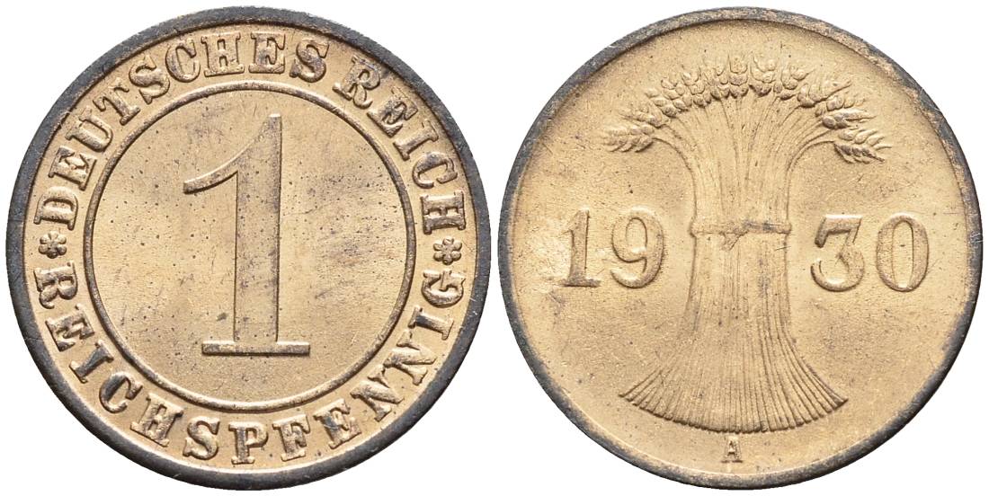ГЕРМАНИЯ 1 РЕЙХСПФЕННИГ 1930 A KM 37, J. 313, Weege 2 бронза 4547-145
