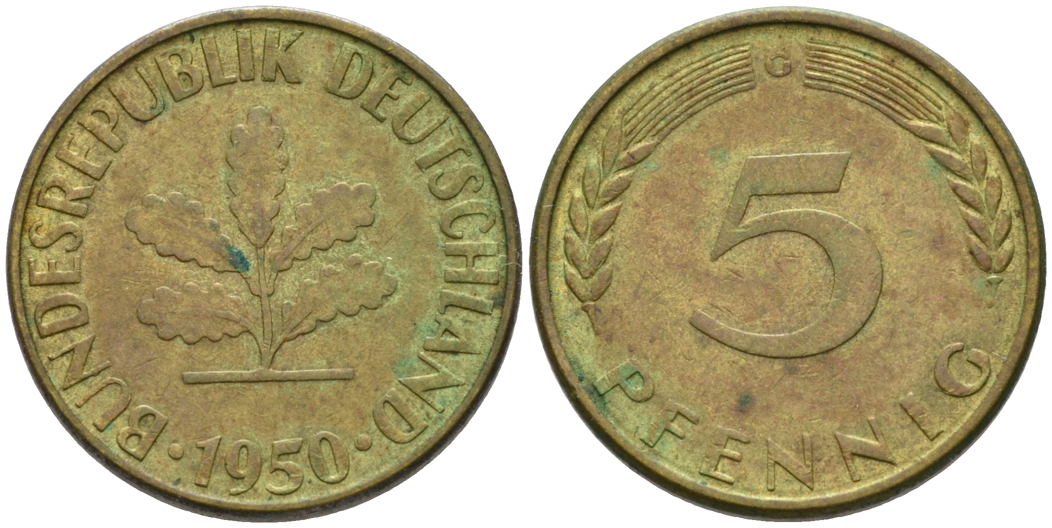 ФРГ 5 ПФЕННИГОВ 1950 G KM 107, J.382 сталь плакированная латунью 75-454