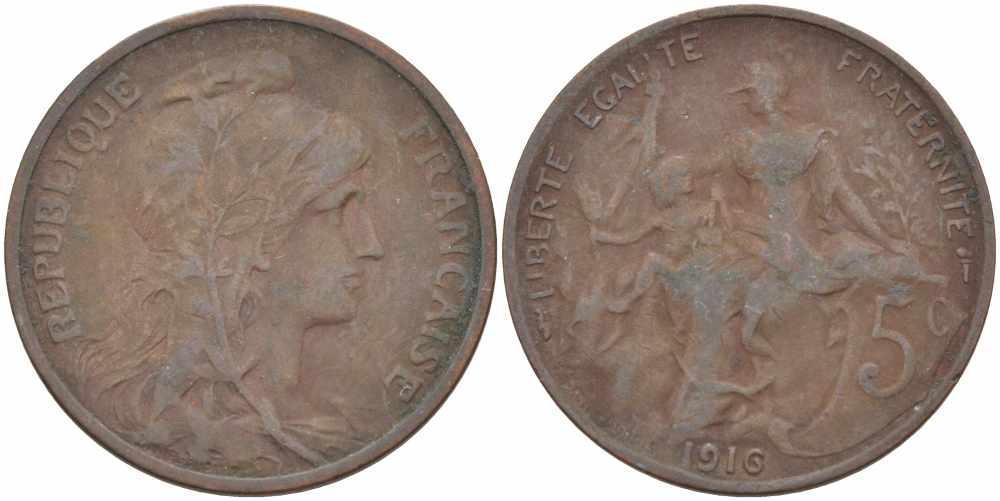 ФРАНЦИЯ 5 САНТИМОВ 1916 ТИП ДАНИЭЛЬ ДЮПЮИ KM 842, LE FRANC 119.28 бронза 108-1014