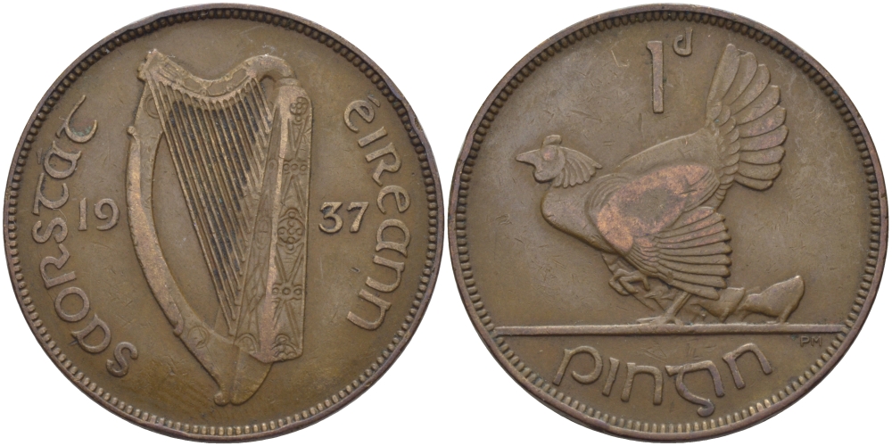 ИРЛАНДИЯ 1 ПЕННИ 1937 КУРИЦА С ЦЫПЛЯТАМИ KM 3 бронза 97-943