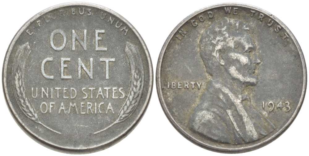 США 1 цент 1943 Авраам Линкольн KM 132а сталь плакированная цинком 3309-457