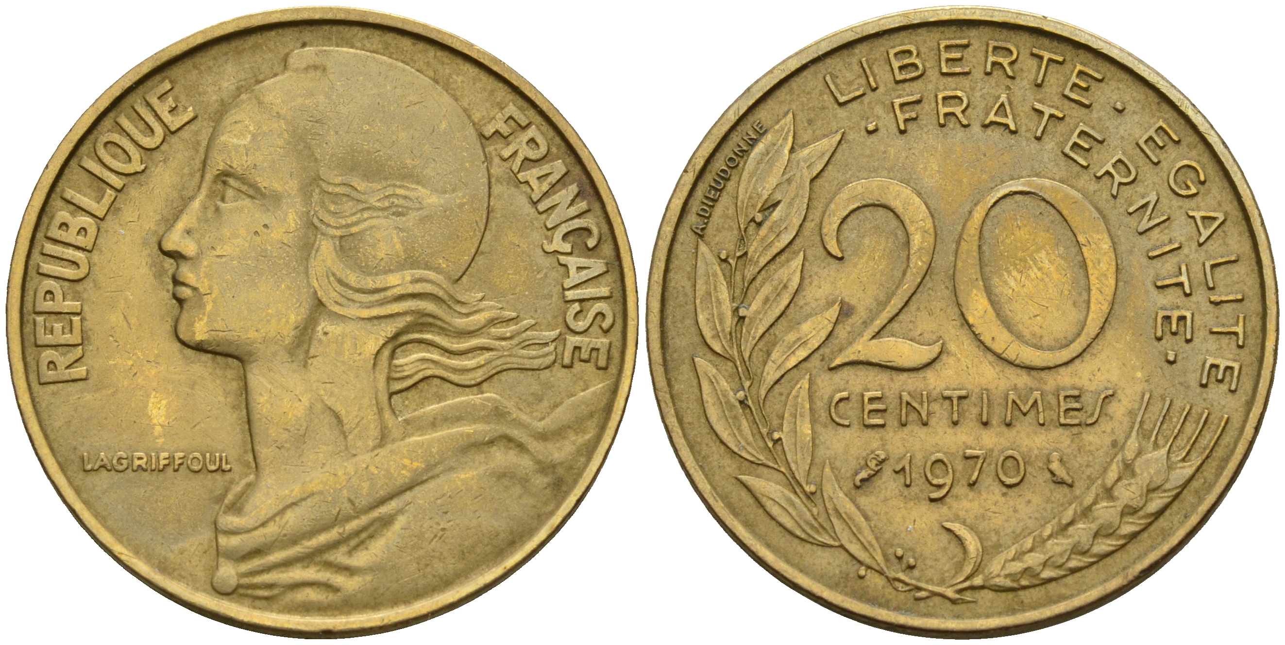 Франция 20 сантимов 1970 тип Марианна KM 930 медь алюминий никель    4153-412