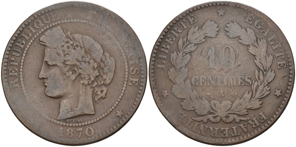 Франция 10 сантимов 1870 А, третья республика (1870-1931) KM 815.1, Le Franc 135.4 бронза 4117-636