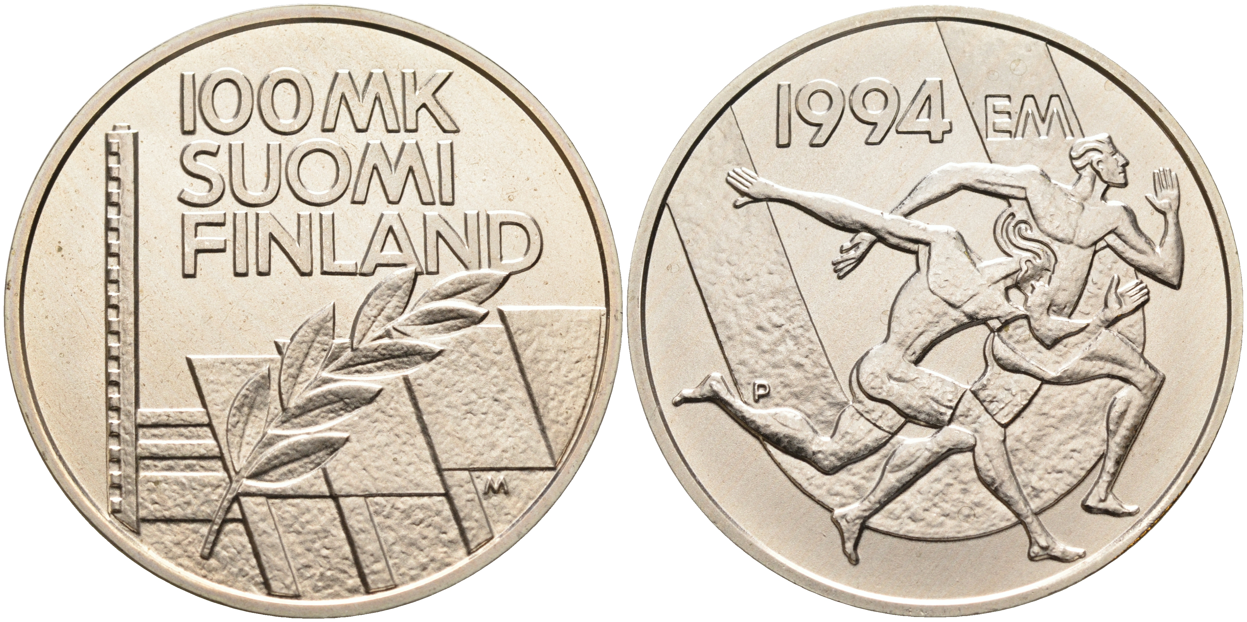 Финляндия 100 марок 1994 стадион дружбы, бег KM 78 серебро  UNC 11-114-45