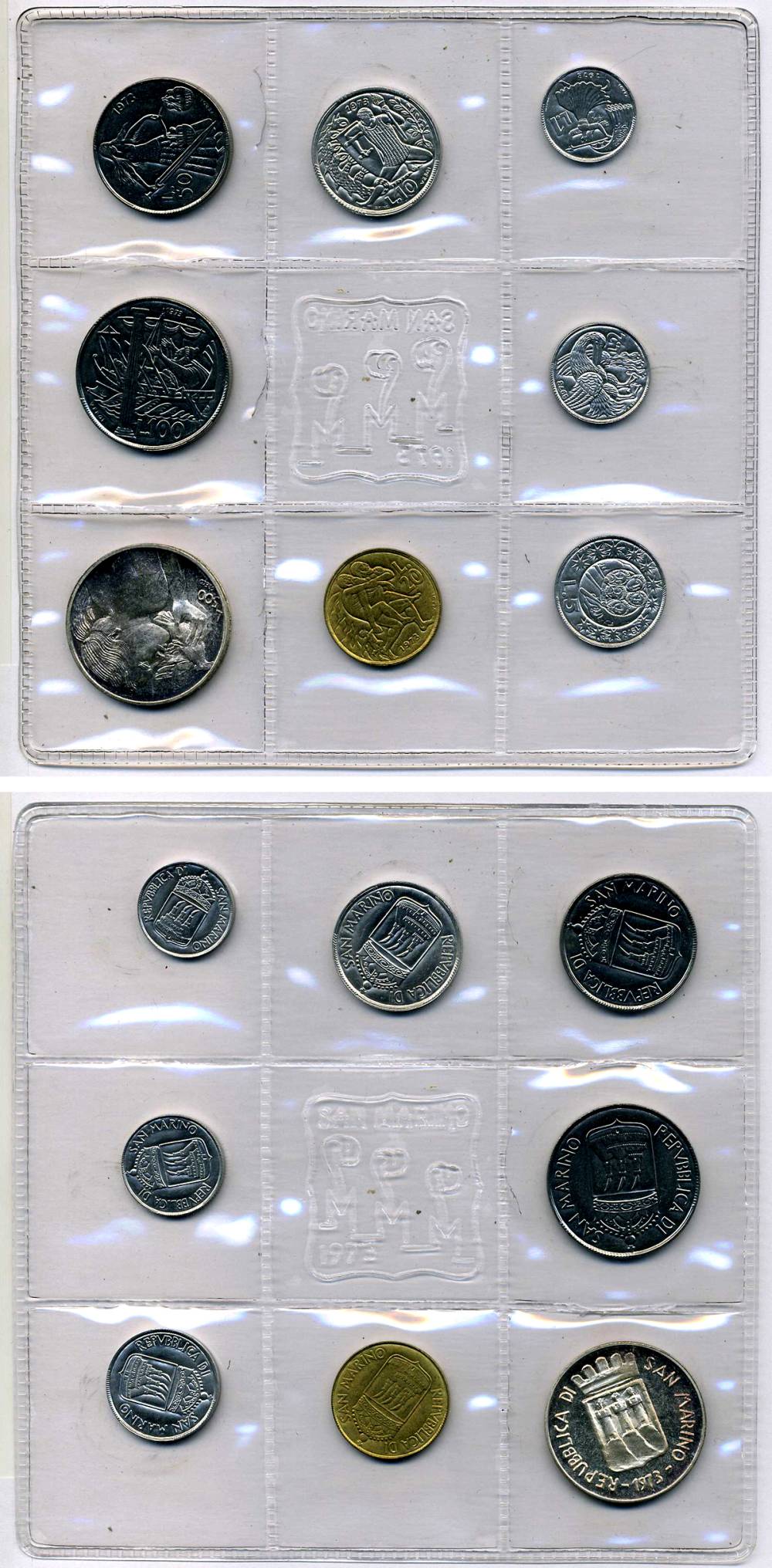 Сан-Марино годовой набор из 8 монет 1973 1, 2, 5, 10, 20, 50, 100 и 500 лир ребёнок держит голубя KM 22-29, в оригинальной пластиковой запайке серебро KM MS2 серебро UNC 3-4-5-17