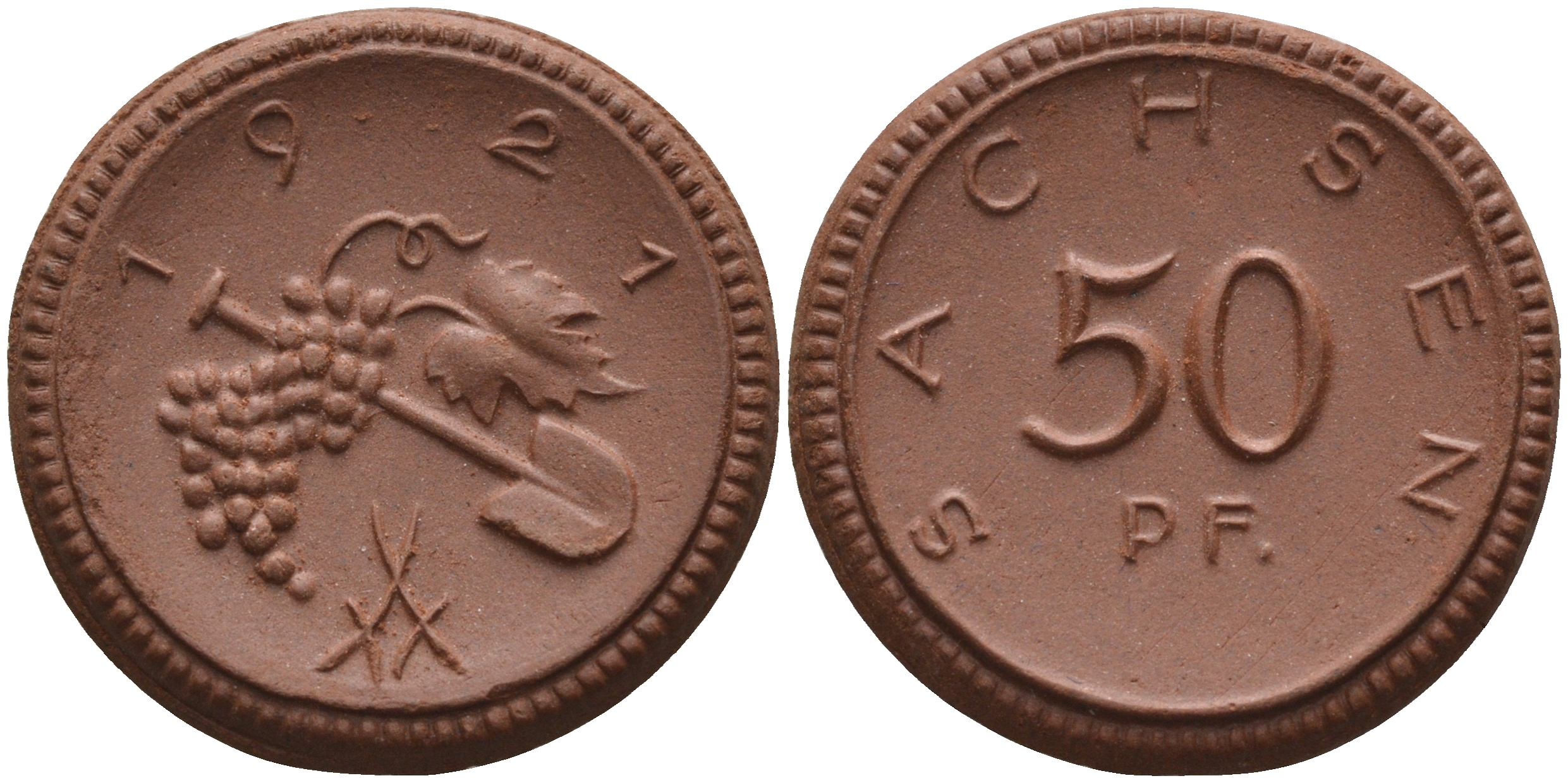 Саксония 50 пфеннигов 1921 виноград и лопата J. N 54 фарфор 1094-5-81