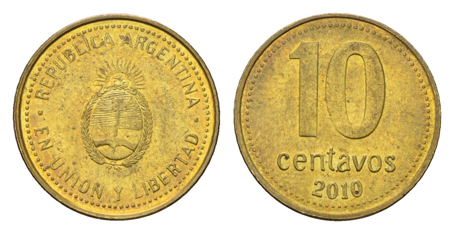 Аргентина 10 сентаво 2010 KM 107a сталь плакированная латунью UNC 4679-819