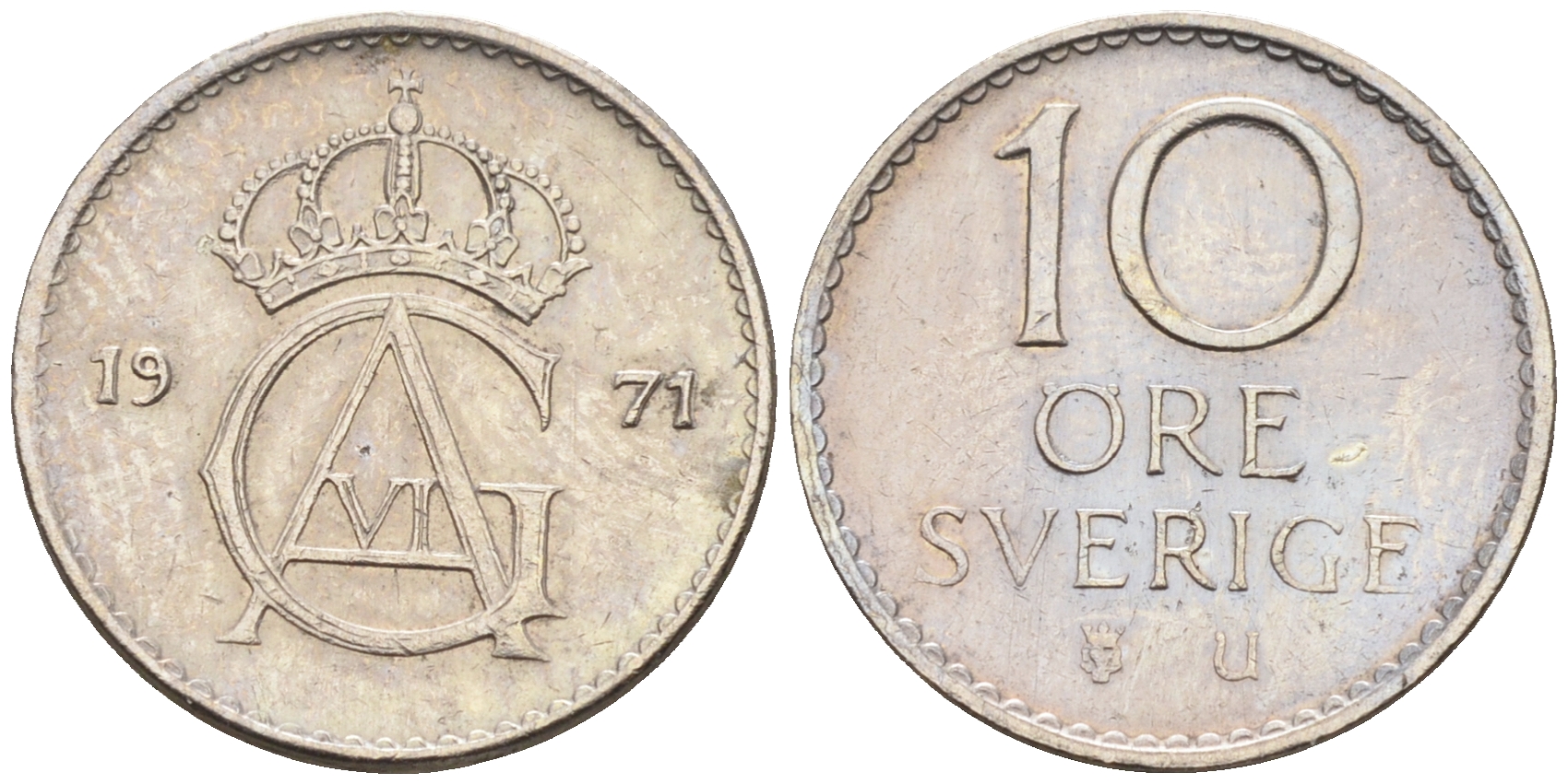 Швеция 10 эре 1971 U, Густав VI Адольф (1950-1973) КМ 835 медно-никель 4169-116