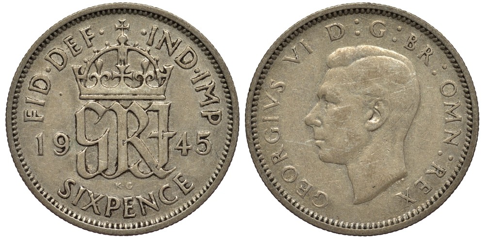 Великобритания 6 пенсов 1945 Георг VI (1936-1952) KM 852, Spink 4084 серебро 4538-615