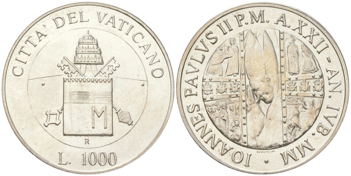 Ватикан 1000 лир 2000 22-й год правления Иоанна Павла II, Иоанн Павел II (1978-2005), тираж 26.000 экземпляров KM 330 серебро UNC 1530-444