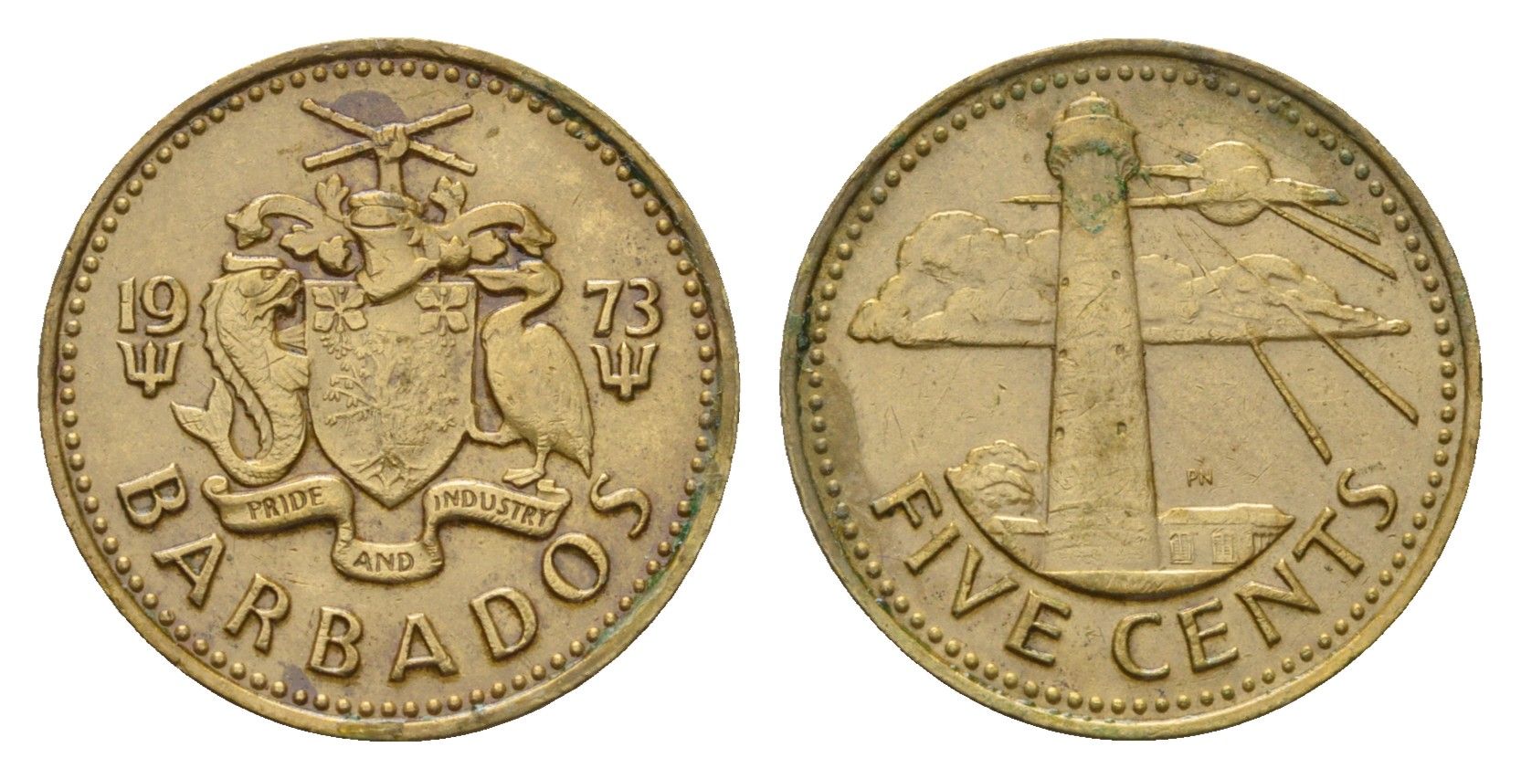 Барбадос 5 центов 1973 маяк Саут-Пойнт KM 11 латунь 4546-111