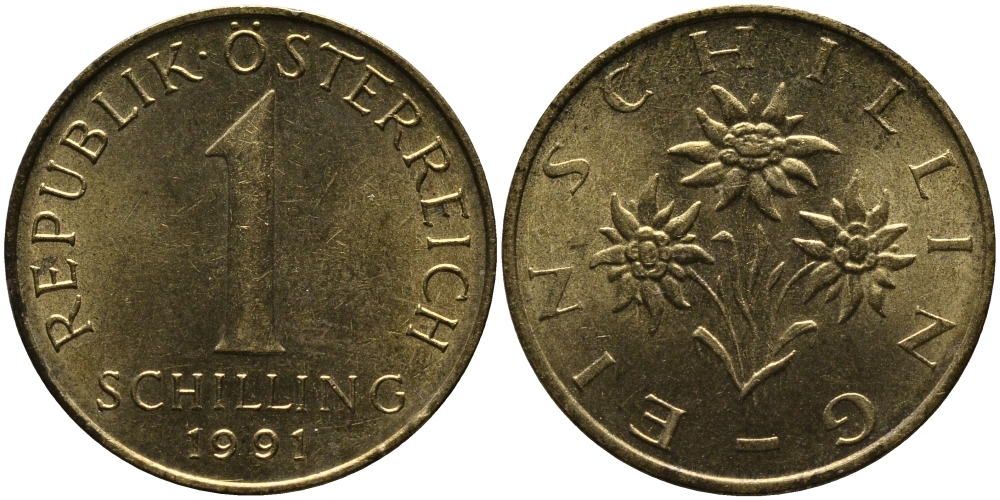 АВСТРИЯ 1 ШИЛЛИНГ 1991 KM 2886 алюминиевая бронза 33-546