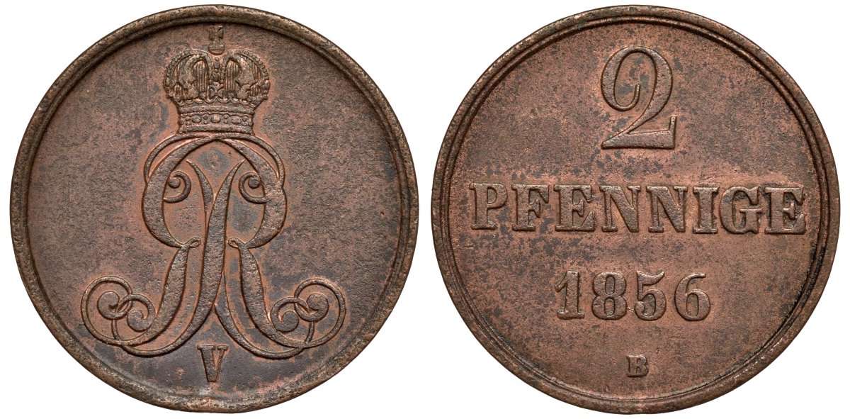 Брауншвейг-Каленберг-Ганновер 2 пфеннига 1856 B, Георг V (1851-1866) KM 217,  AKS 152, J. 84 медь 4142-152