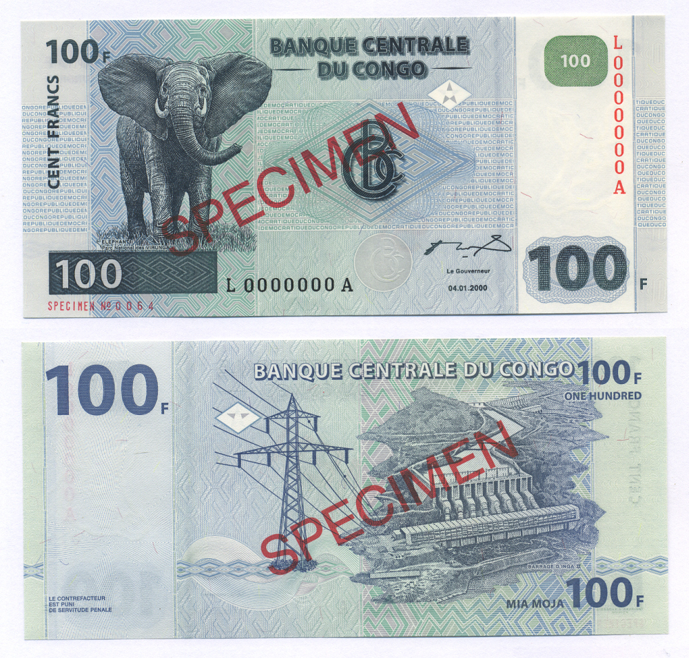 ДР Конго 100 франков 2000 SPECIMEN Pick 92s бумага UNC (пресс) 7222-57-2
