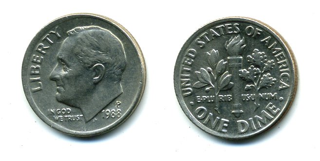 США 10 ЦЕНТОВ = 1 ДАЙМ 1988 P, РУЗВЕЛЬТ KM 195а медь плакированная медно-никелем 46-2468