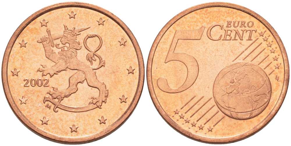ФИНЛЯНДИЯ 5 ЕВРОЦЕНТОВ 2002 M KM 100 сталь плакированная медью UNC 214-324
