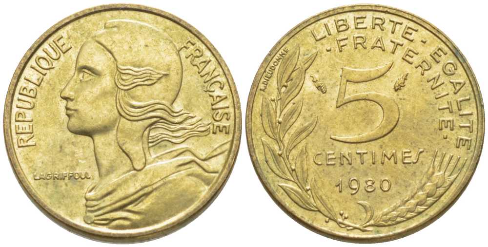 ФРАНЦИЯ 5 САНТИМОВ 1980 ТИП MARIANNE KM 933, LE FRANC 125.16 медь алюминий никель 116-452