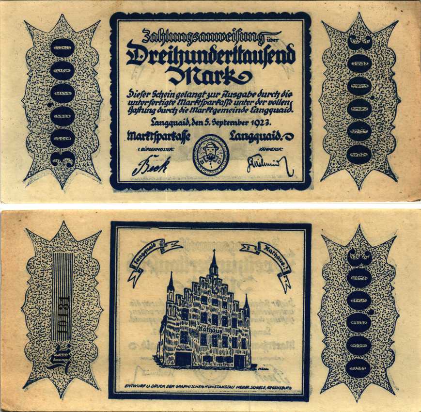 ЛАНГКВАЙД 300000 МАРОК 1923 НОТГЕЛЬД, 5 СЕНТЯБРЯ 1923, ЗЕМЛЯ БАВАРИЯ Keller 2913a бумага 6318-40-1-1
