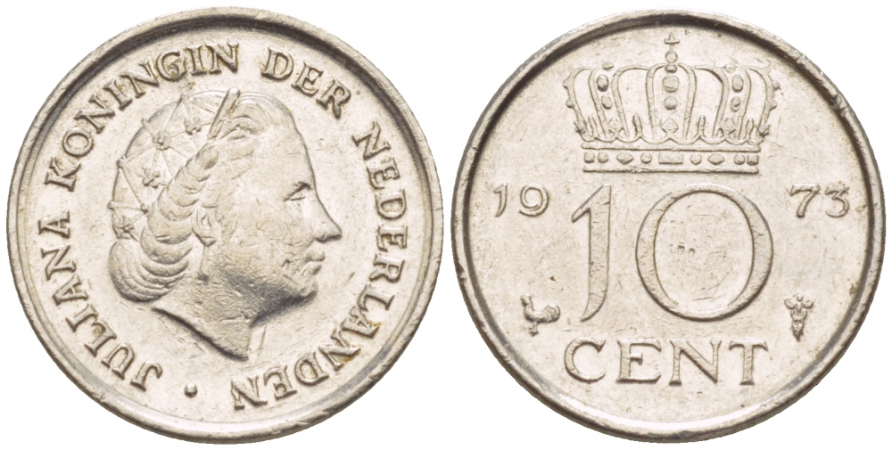 НИДЕРЛАНДЫ 10 ЦЕНТОВ 1973 ЮЛИАНА KM 182 никель 4547-845