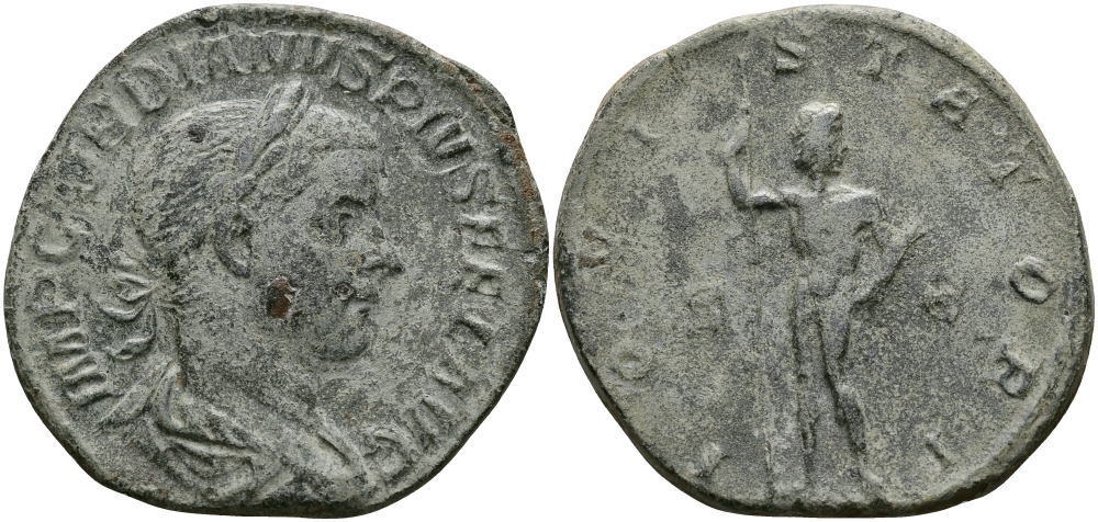 Римская Империя сестерций 238 - 244 Гордиан III IOVI STATORI Юпитер, Рим Very fine 15,72 гр RIC 299a бронза 1073-8-15