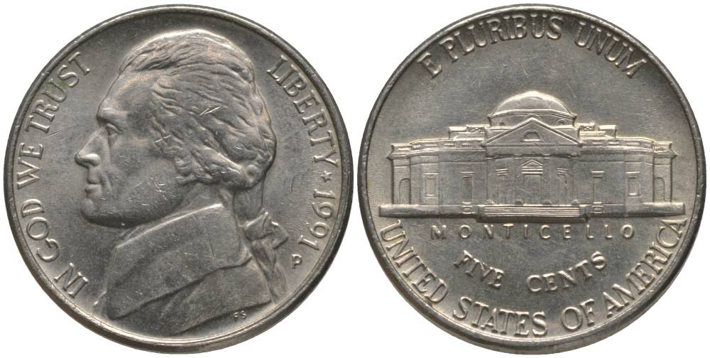 США 5 ЦЕНТОВ 1991 P, ДЖЕФФЕРСОН KM А192 медно-никель 181-121