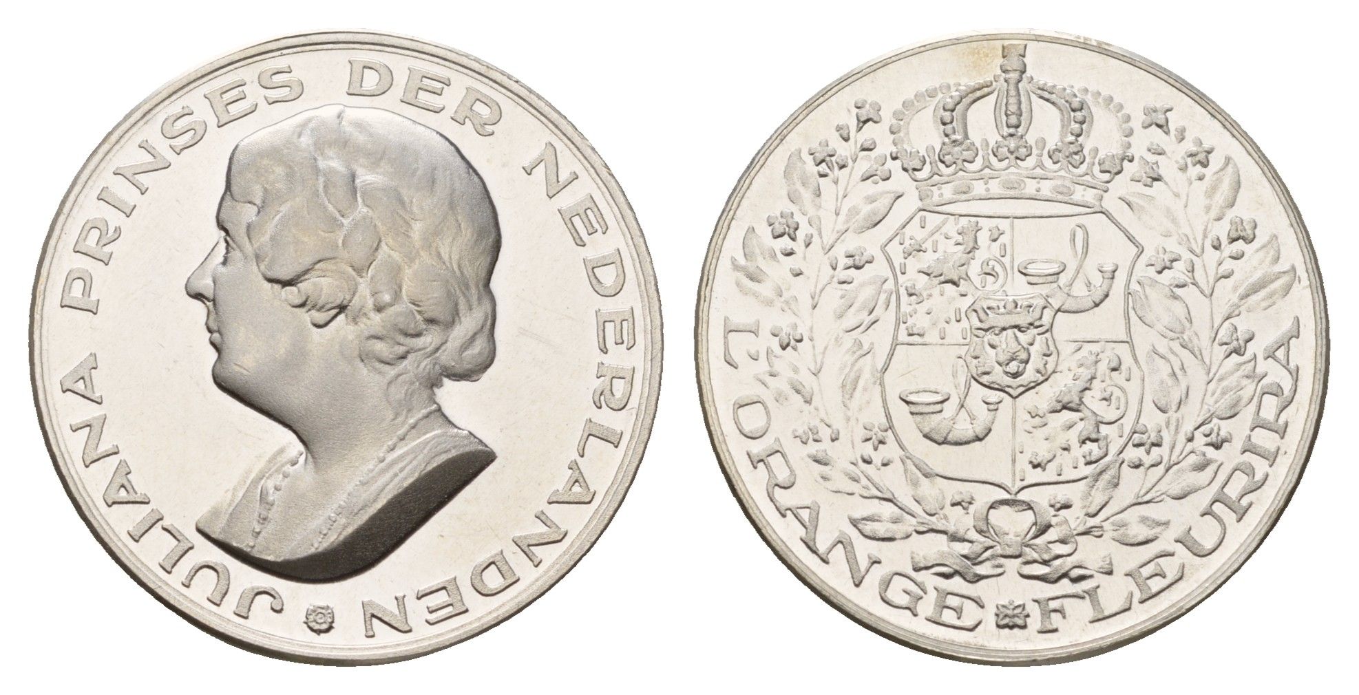 Нидерланды медаль из серии история Нидерландов - Юлиана - принцесса Нидерландская первая половина XX века L'Orange Fleurira (апельсин расцветёт), диаметр 25 мм, вес 6 гр серебро PROOF 4671-1046