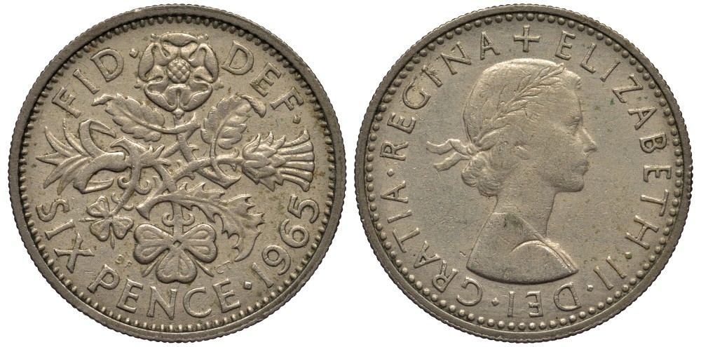 Великобритания 6 пенсов 1965 Елизавета II (1952-2022) KM 903, Spink 4149 медно-никель 4538-647
