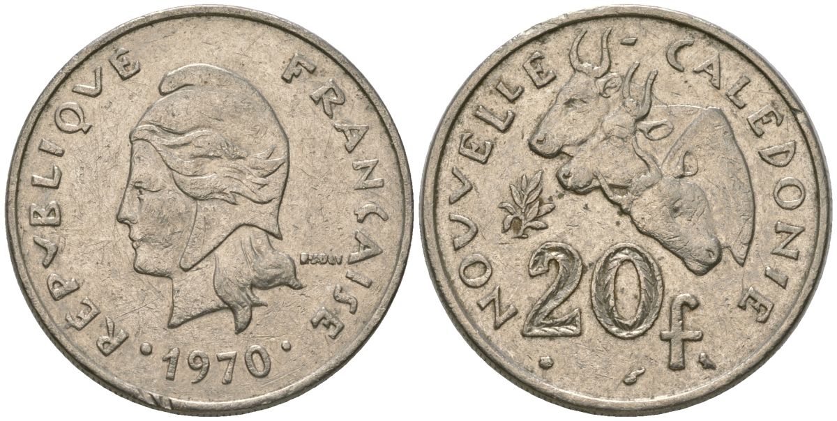 Французская Новая Каледония 20 франков 1970 три быка, (IEOM) KM 6, Schoen 8, Lec 105 никель 4120-223