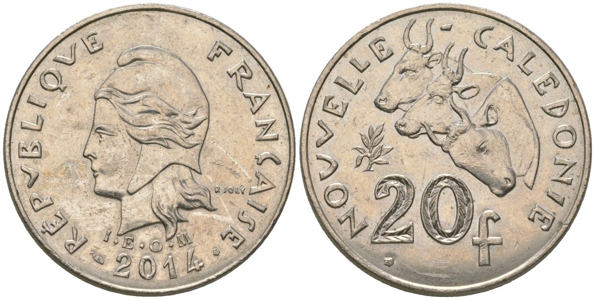 Французская Новая Каледония 20 франков 2014 три быка, (IEOM) KM 12a, Schoen 14a, Lec 115j медно-никель 84-1142