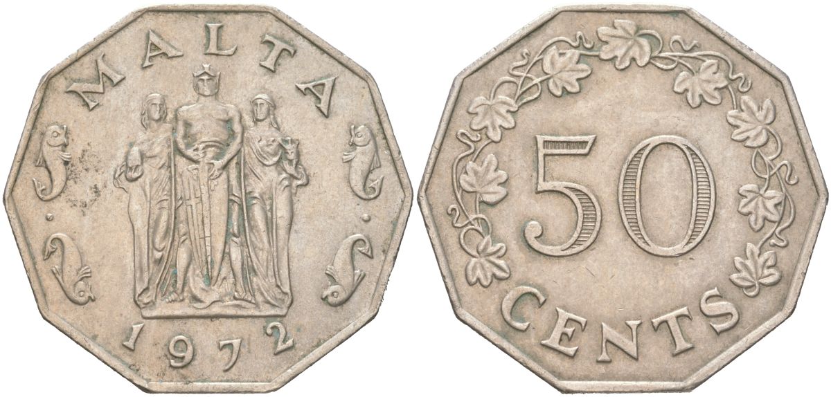 Мальта 50 центов 1972 памятник великой осаде в столице Валлетте KM 12 медно-никель 4389-716