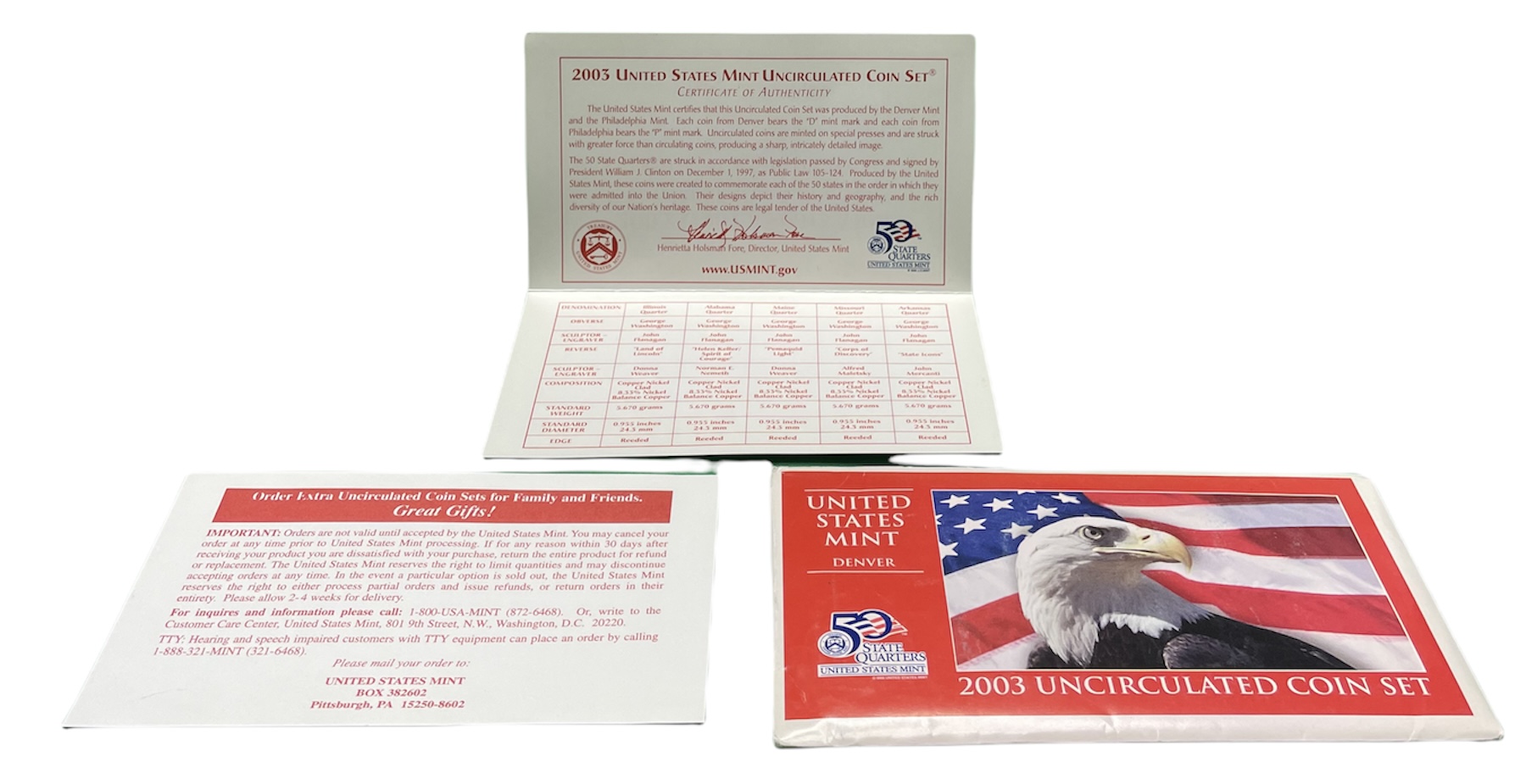 США два набора в одном 2003 два официальных набора в целлофановой запайке, буква D, годовой набор и пять квотеров, штат Арканзас, Алабама, Миссури, Иллинойс, Мэн, в конверте с сертификатом, Денвер, медь плакированная медно-никелем UNC 7-5-6-30