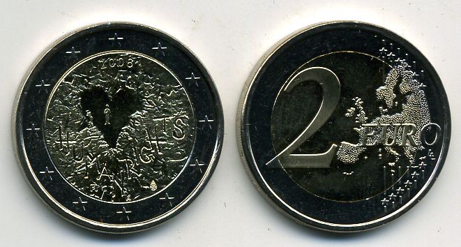 Финляндия 2 евро 2008 60 лет декларации прав человека, сердце KM 143 биметалл UNC M3-01