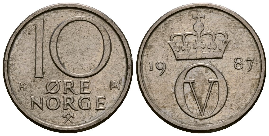 Норвегия 10 эре 1987 KM 416 медно-никель 4173-742