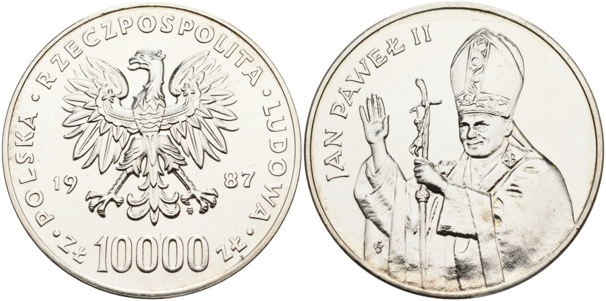 Польша 10000 злотых 1987 MW, визит Папы Иоанна Павла II в Польшу, в пластиковой коробке KM 164, Parchimowicz 364a серебро UNC 1072-4-31