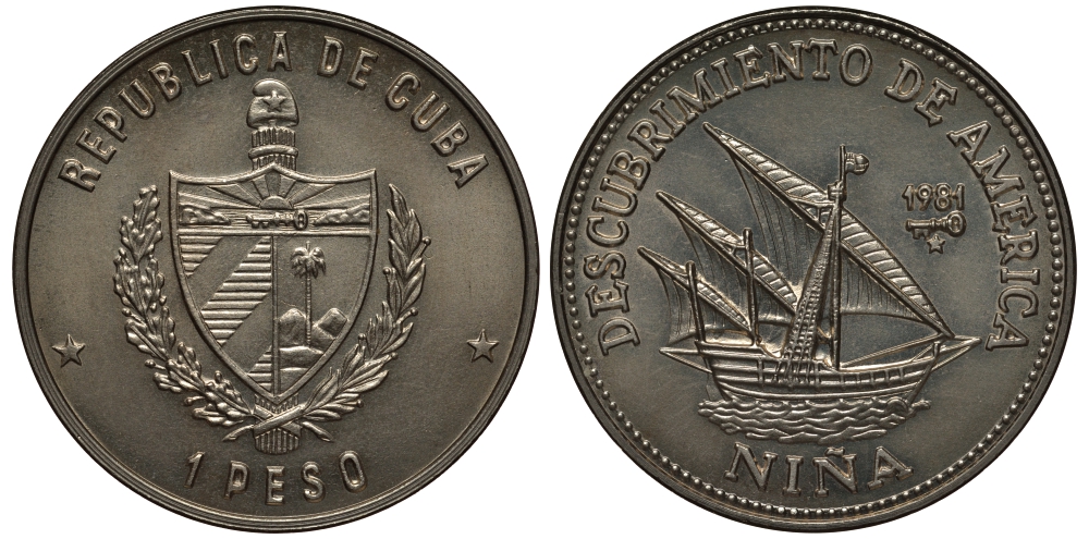 Куба 1 песо 1981 500 лет открытию Америки - "Нинья" KM 66 медно-никель  BU 1525-1041